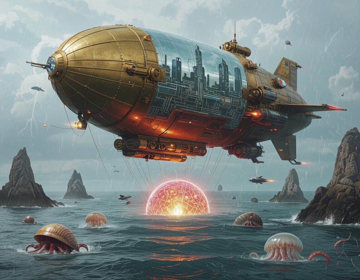 Cyber Nouveau Blimp Rises From Polluted Ocean