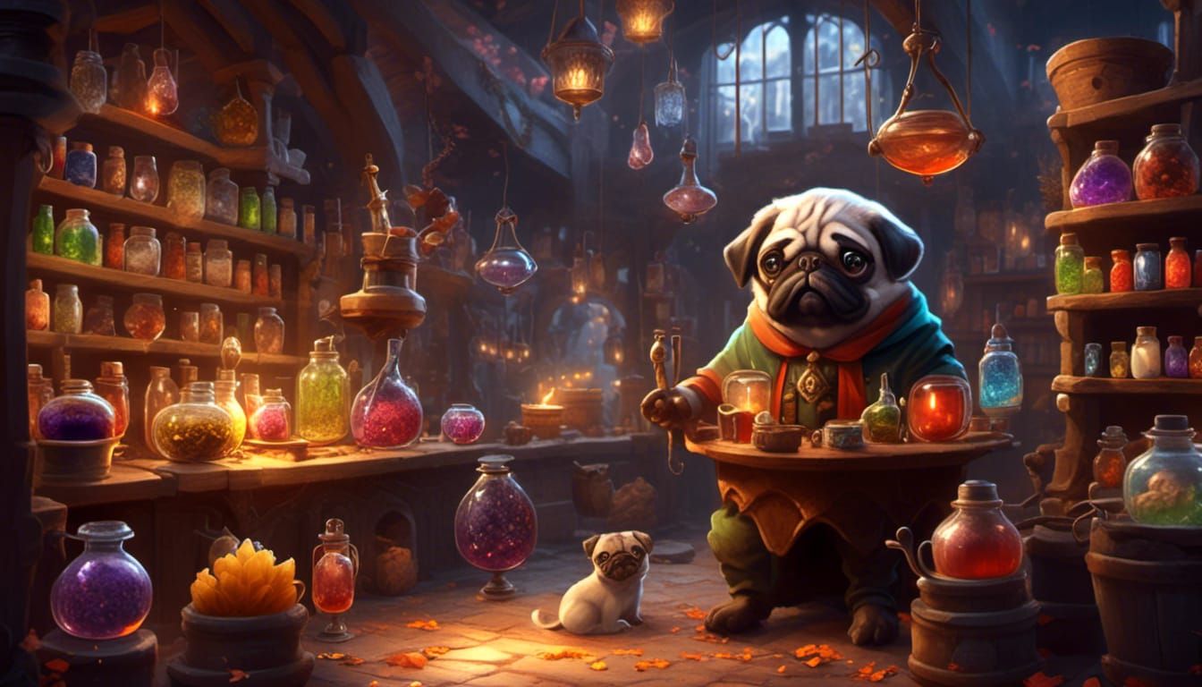 Potion Shop with Wizard, Pug, and Glass Fantasy