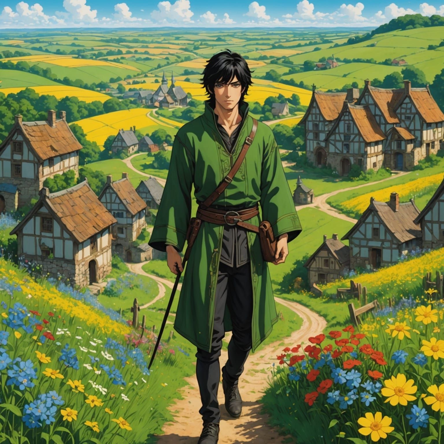 Anime Man at Crossroads in Medieval Countryside