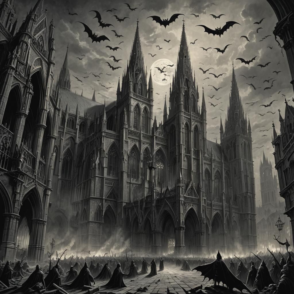 Gothic Cathedral with Vampire Bats: Horror Illustration