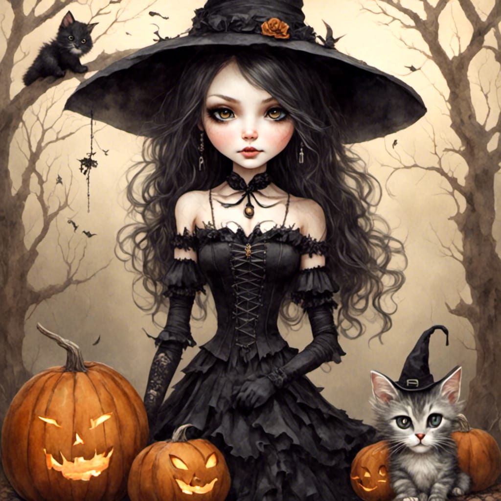 Whimsical Goth Chibi Witch in Antique Watercolor Style