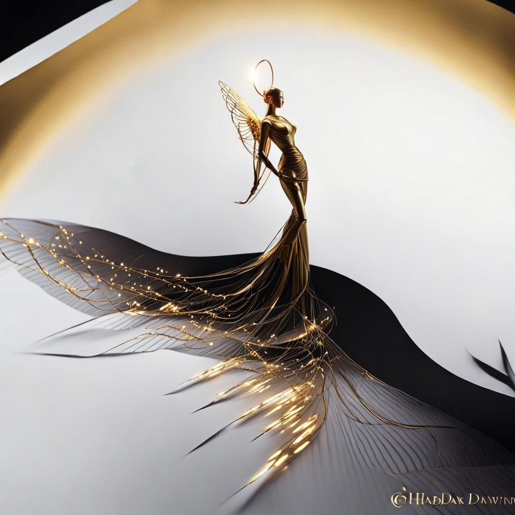 Golden Android Angel Robot in Detailed Cross-Hatching Style