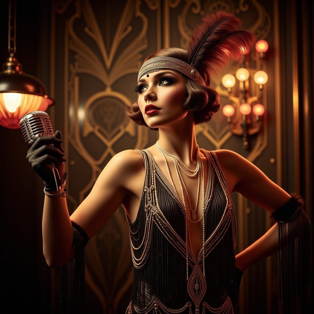 Flapper Girl Singing in Smoky Jazz Club