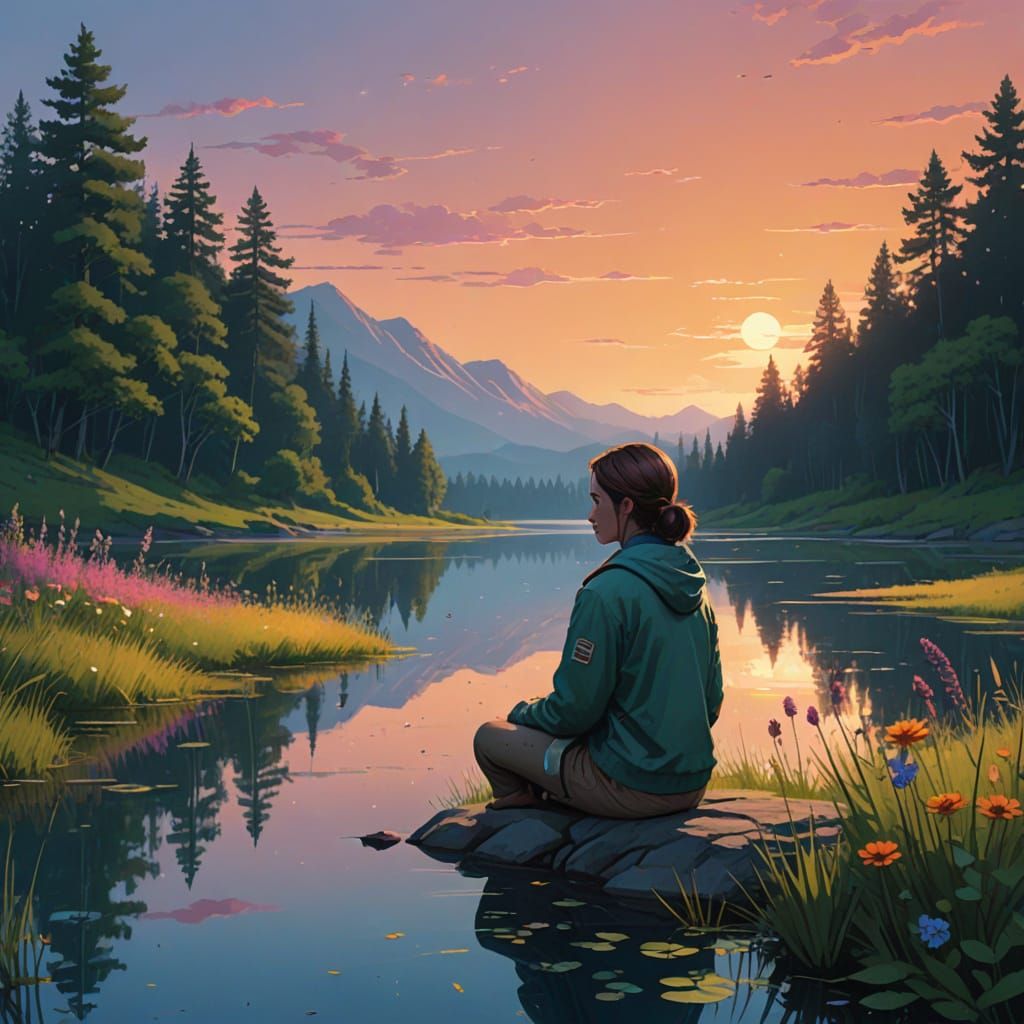 Woman Lost in Thought by Tranquil Lake at Dusk