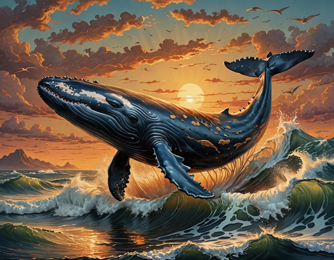 Whale Leaps from Waves: Romantic Airbrush Art