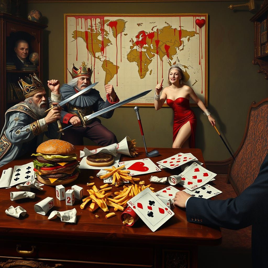 Epic Battle of Royal Cards on a Dark Wooden Desk