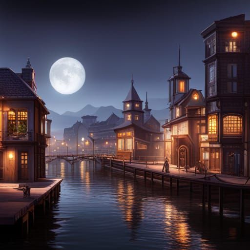 Modern Town at Night: Detailed Matte Painting