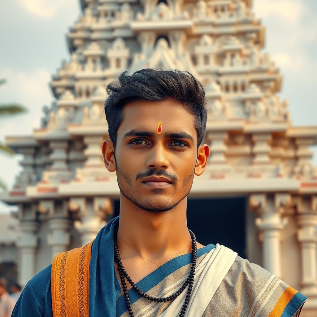 Young Andhra Man in Front of South Indian Temple