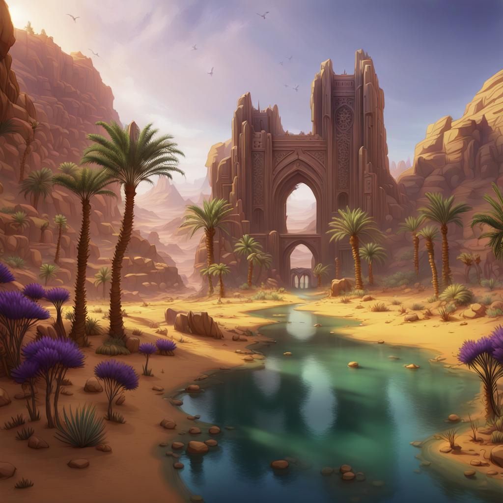 Desert Oasis Art, Dark Fantasy Style