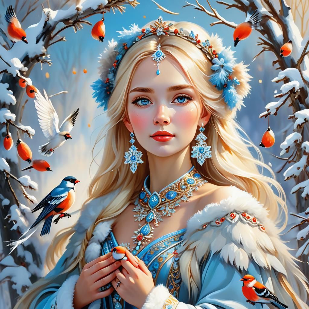 Russian Beauty with Bullfinches in Winter Landscape