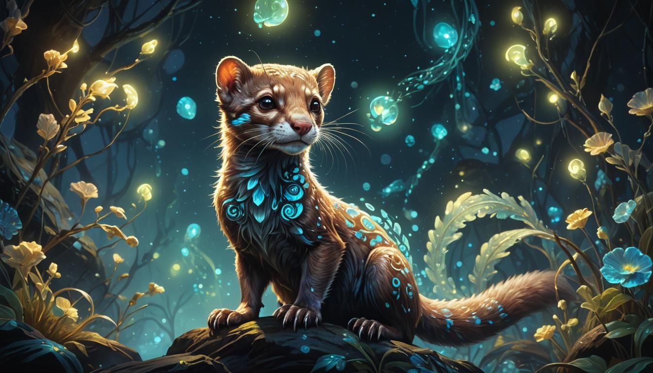 Bioluminescent Fantasy Weasel in the Dark