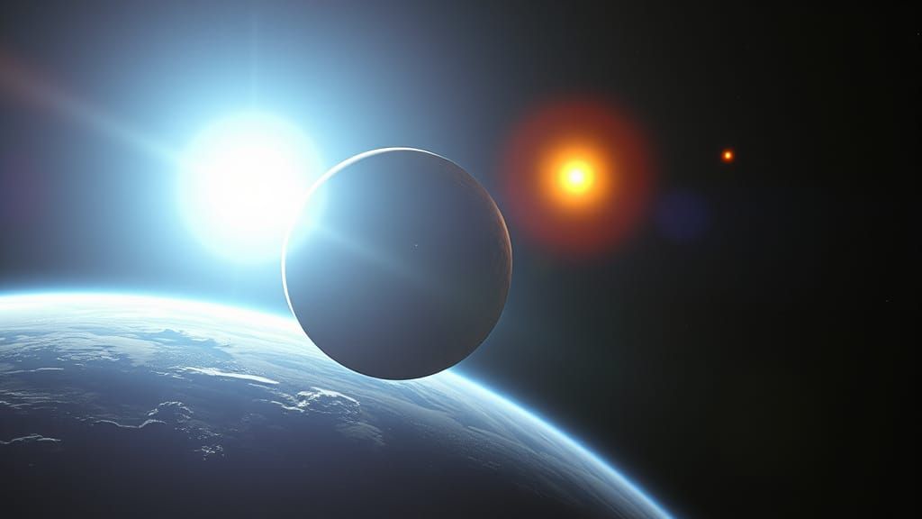 Exoplanet Moon Orbiting Trinary Star System in Film Style