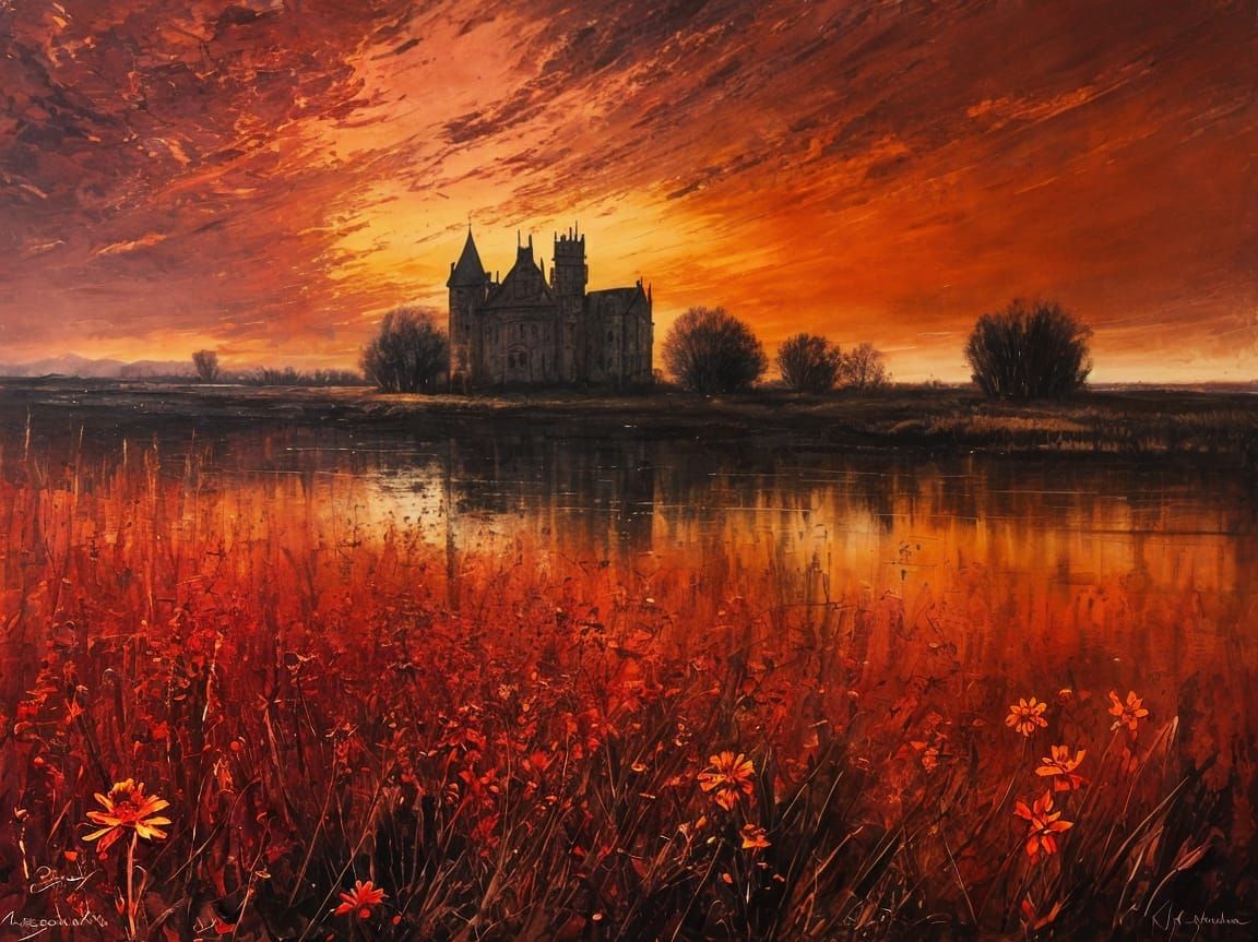 Red Sunset Over Decayed Castle: Impasto Oil Painting