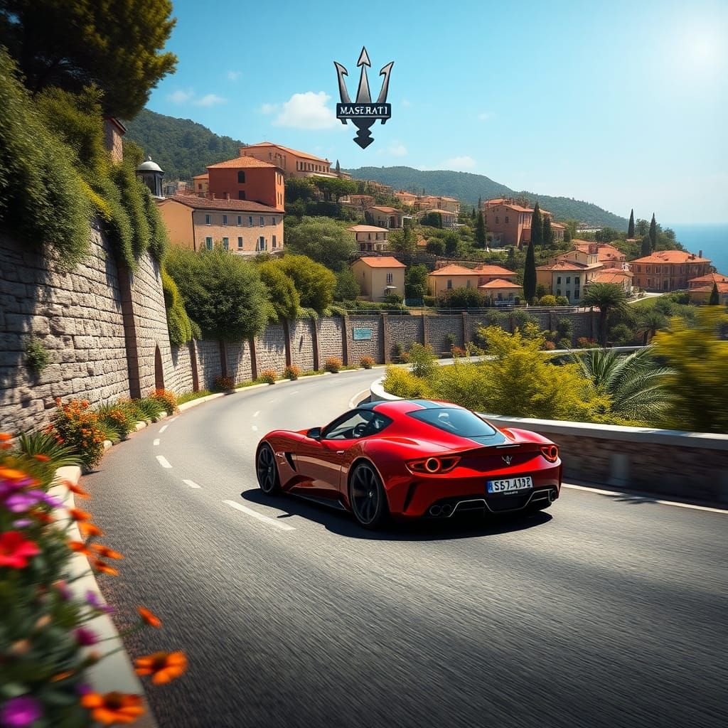 Scarlet Maserati Supercar on Italian Coast Road