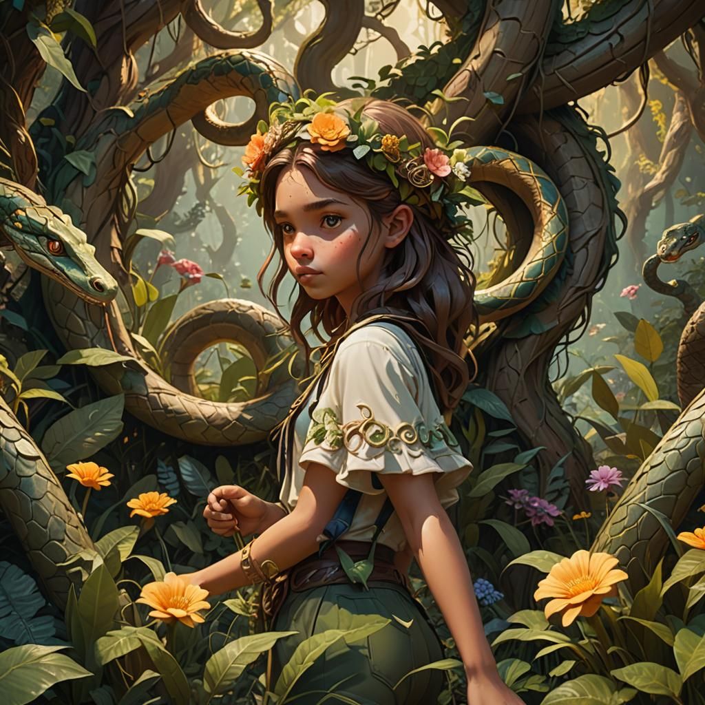 Mystical Forest Girl with Snake: Fantasy Bas-Relief