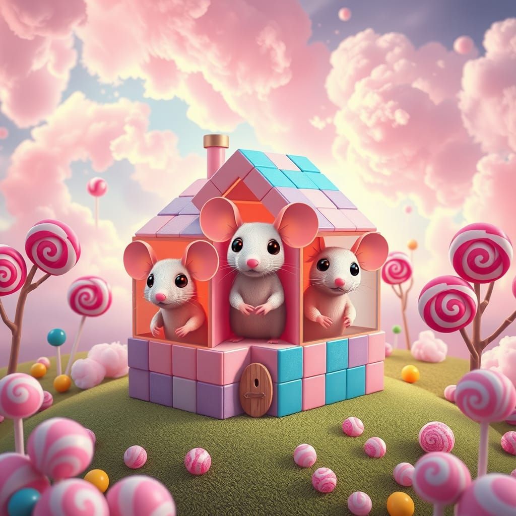 Surreal Whimsy: Cube Mice in Candyland Abode