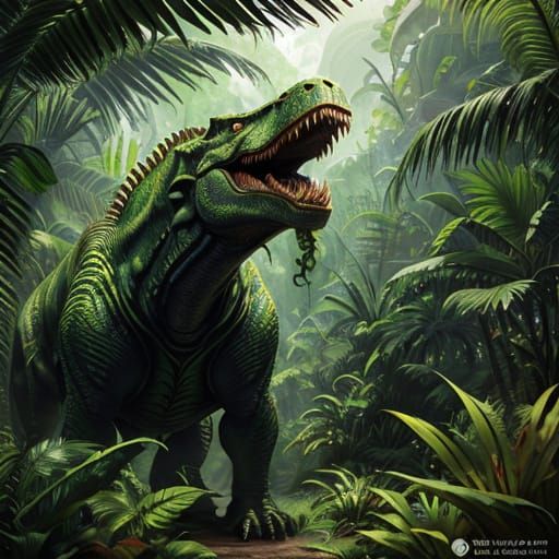 T-Rex Roaring in a Lush Jungle, Fantasy Concept Art