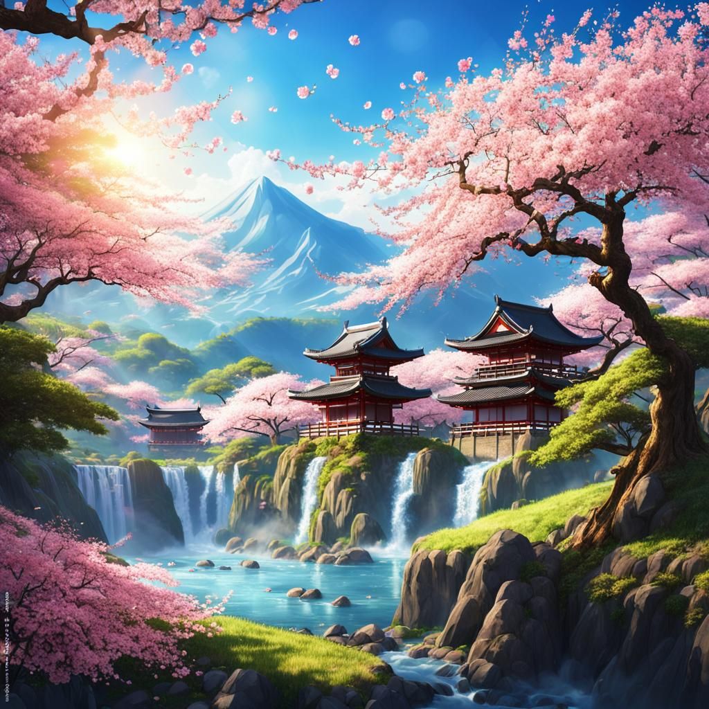 Fantasy Japan Landscape with Cherry Blossoms