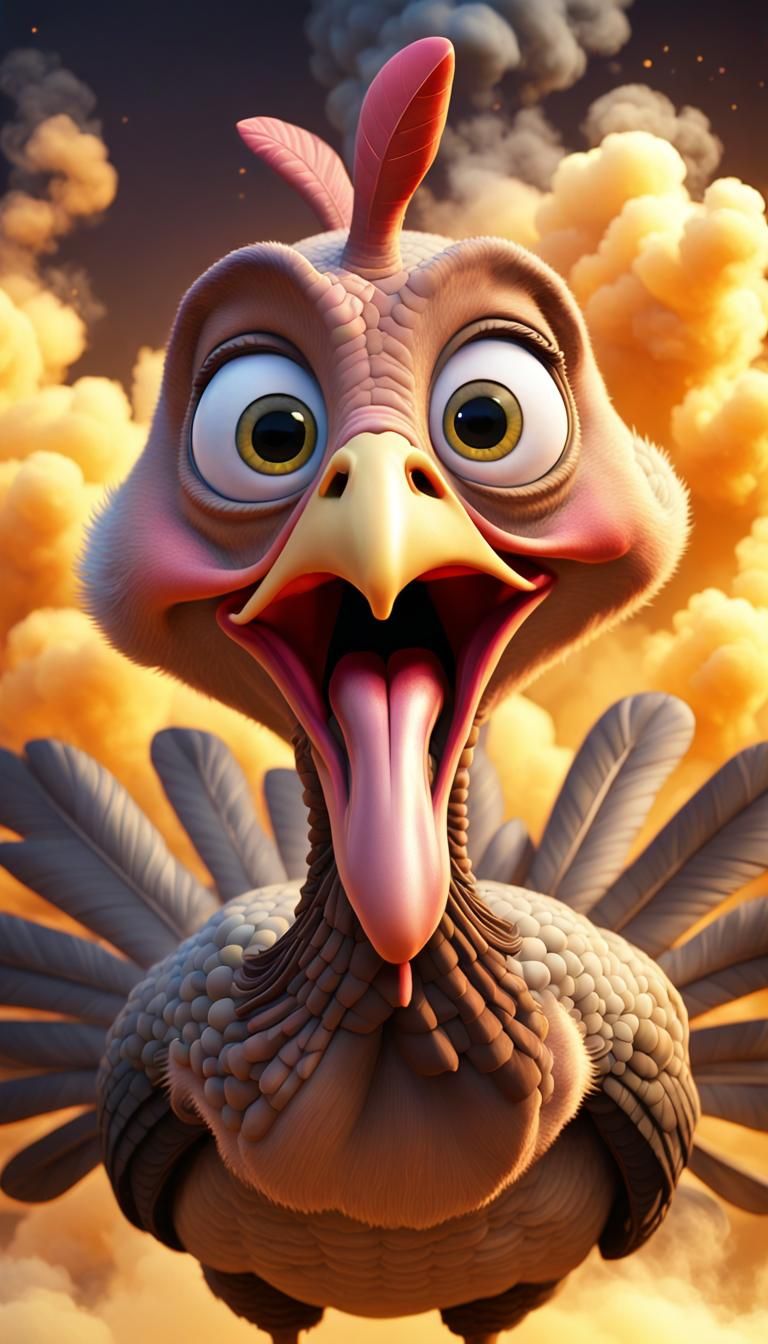 Surprised Turkey in Smoky Pixar-Style 3D Art