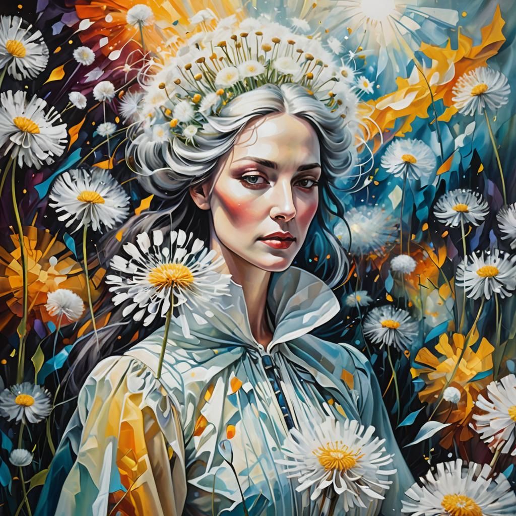 Ghostly Woman in Dandelion Dreamscape: Surrealist Oil Painti...