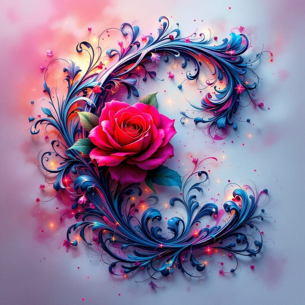 Calligraphic Letter C with Rose, in Graffiti Art Style