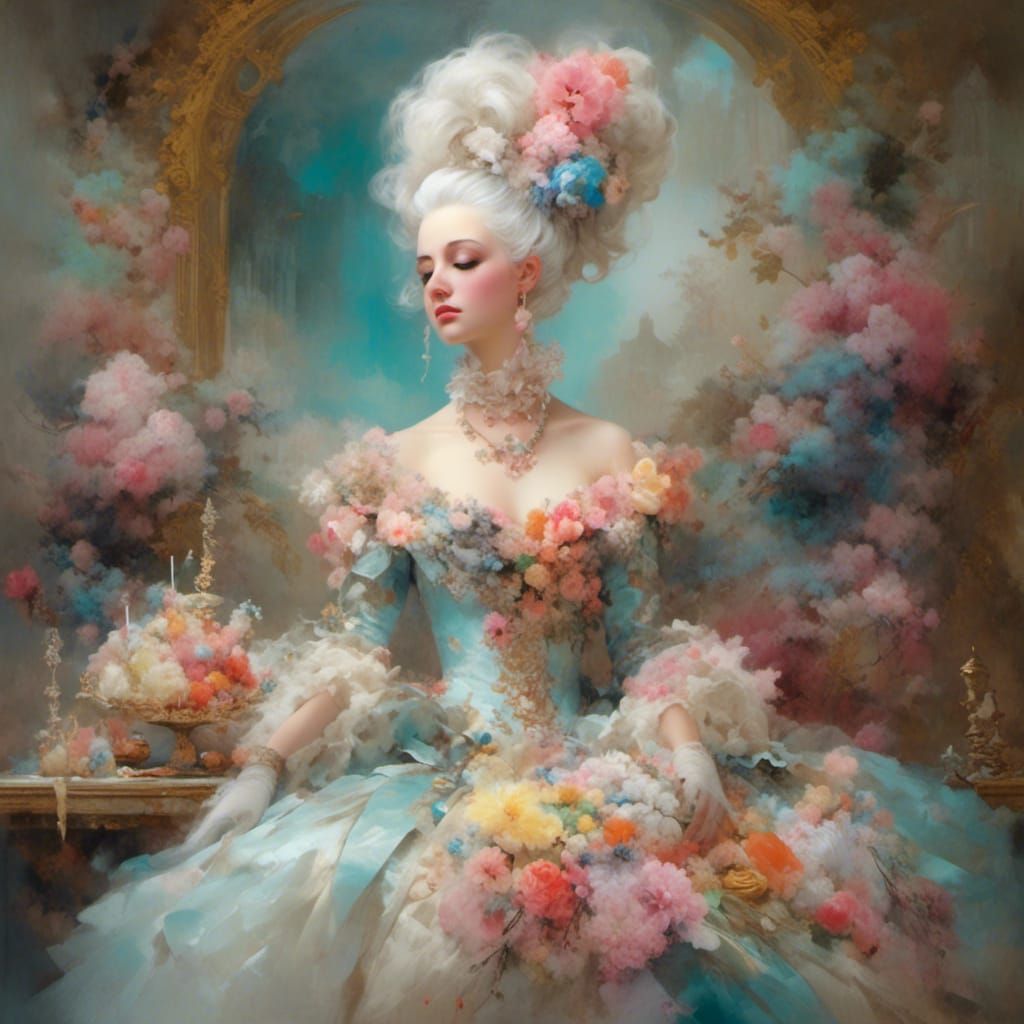 Marie Antoinette with Rococo Neckline in Pastel Colors