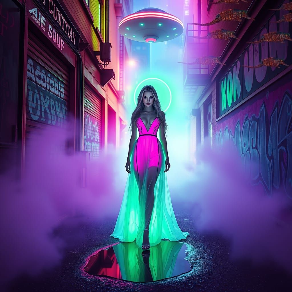 Ethereal Woman in New New York: Cyberpunk Fairy Tale