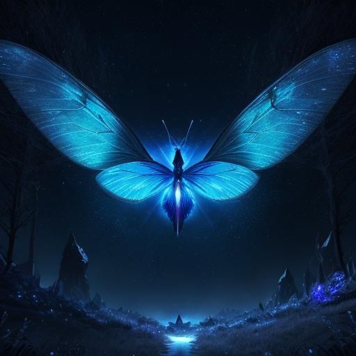 Sparkling Blue Butterfly at Night: 8k Fantasy Art