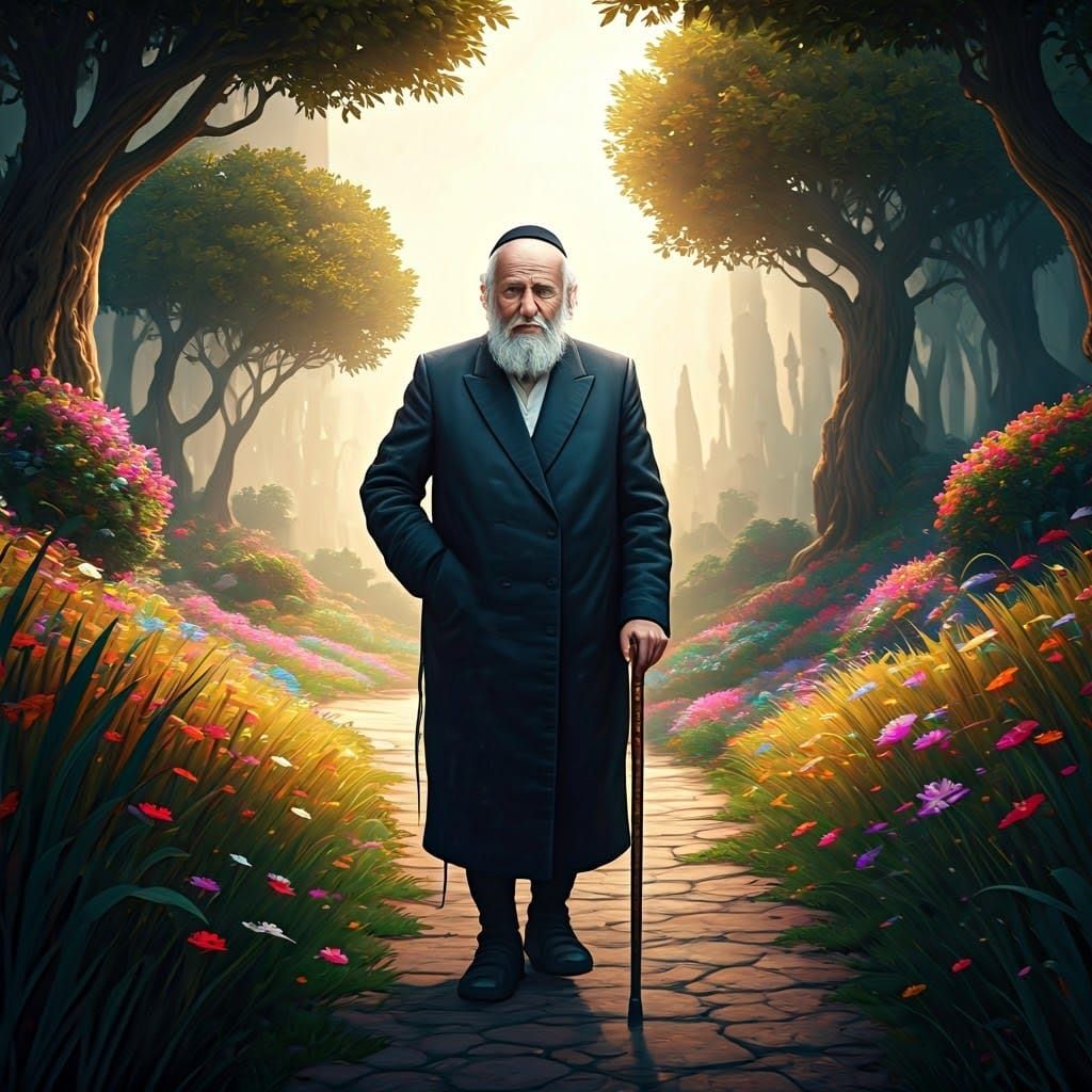 Elderly Jewish Man in Lush Landscape, Digital Art