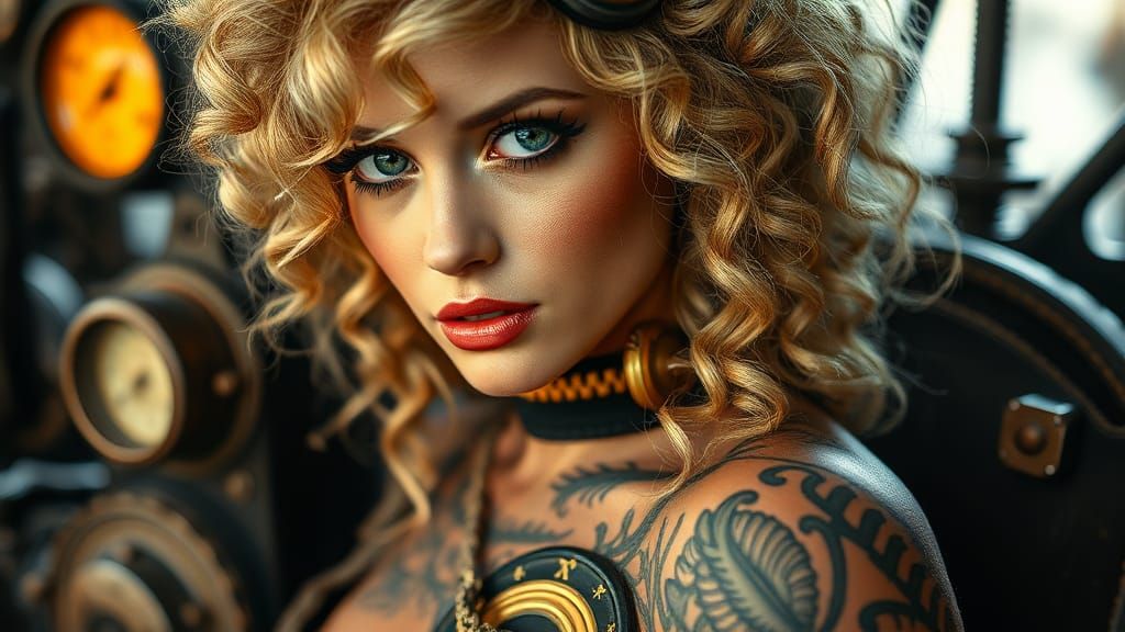 Steampunk Woman with Tattoos and Engine