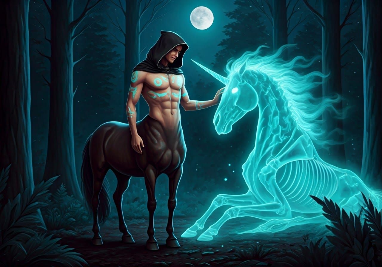 Centaur Petting Unicorn Spirit in Night Forest