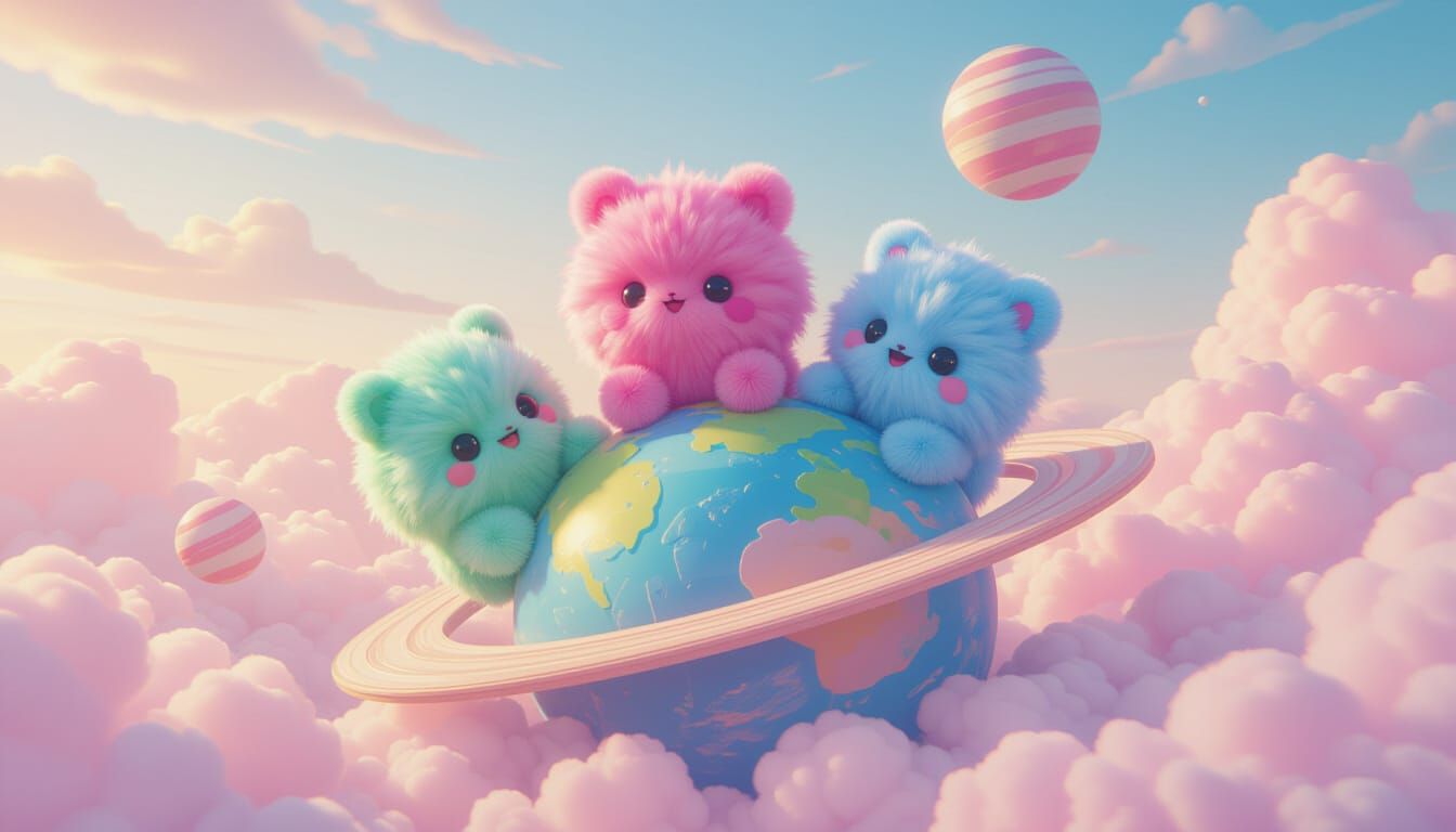 Fluffy Pom-Pom Creatures on Toy Planet in CGI Style