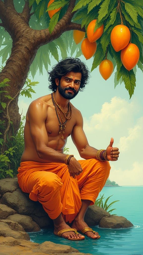 Man Under Mango Tree with Murugan, Folk-Art Style