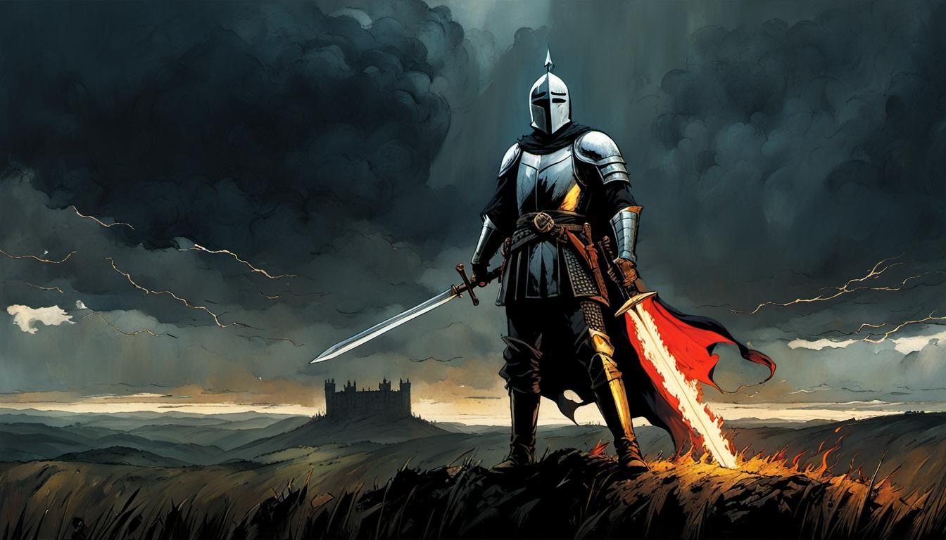 Knight with Flaming Sword in Stormy Field