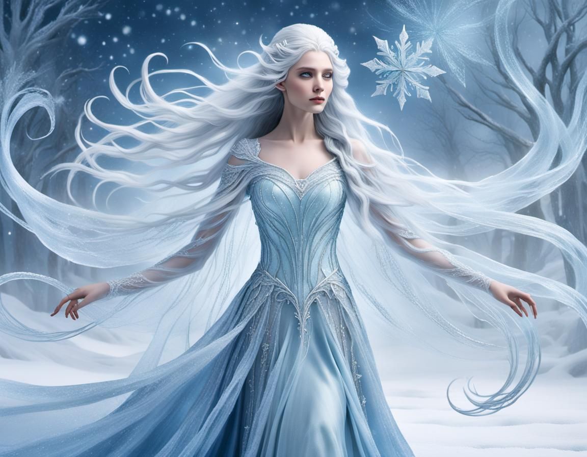 The Ice Queen in a Frosty Glass Gown, Amidst a Swirling Snow...