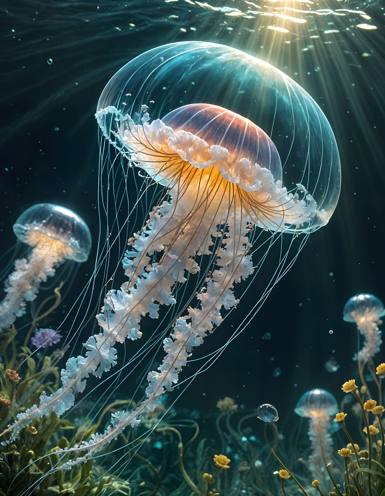 Crystal Jellyfish in Bioluminescent Underwater Garden