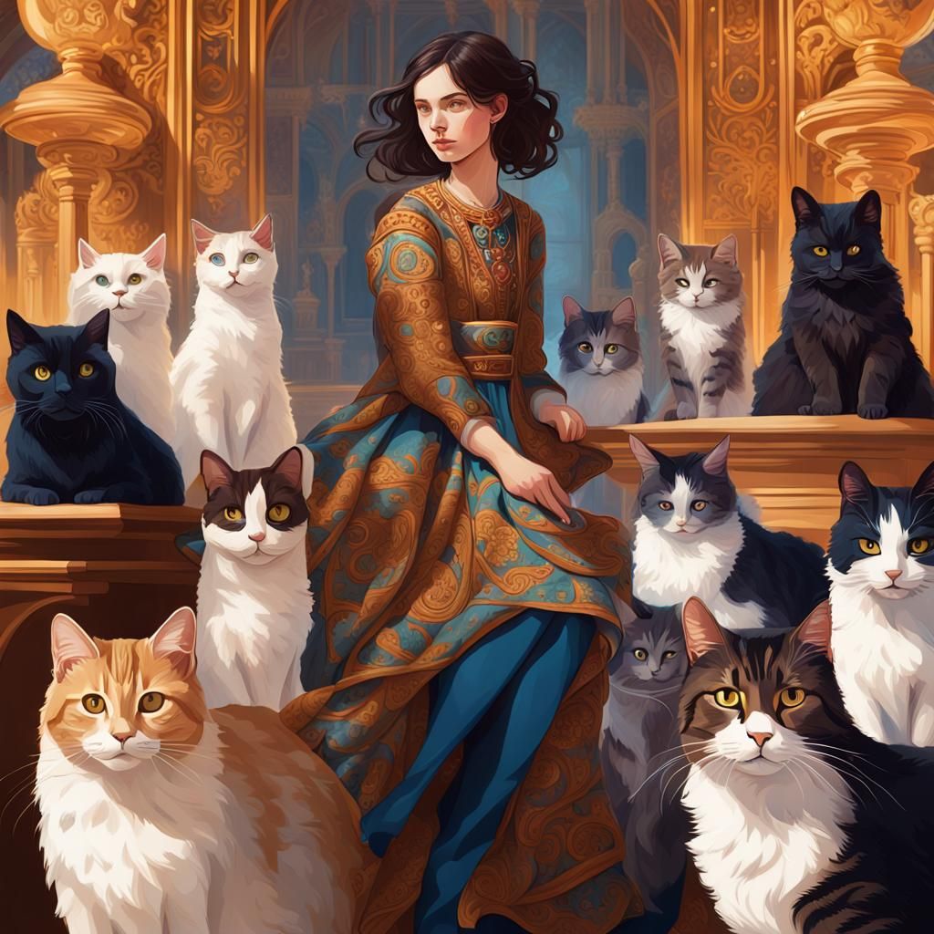 Girl Surrounded by Cats in Ornate Room, Digital Art