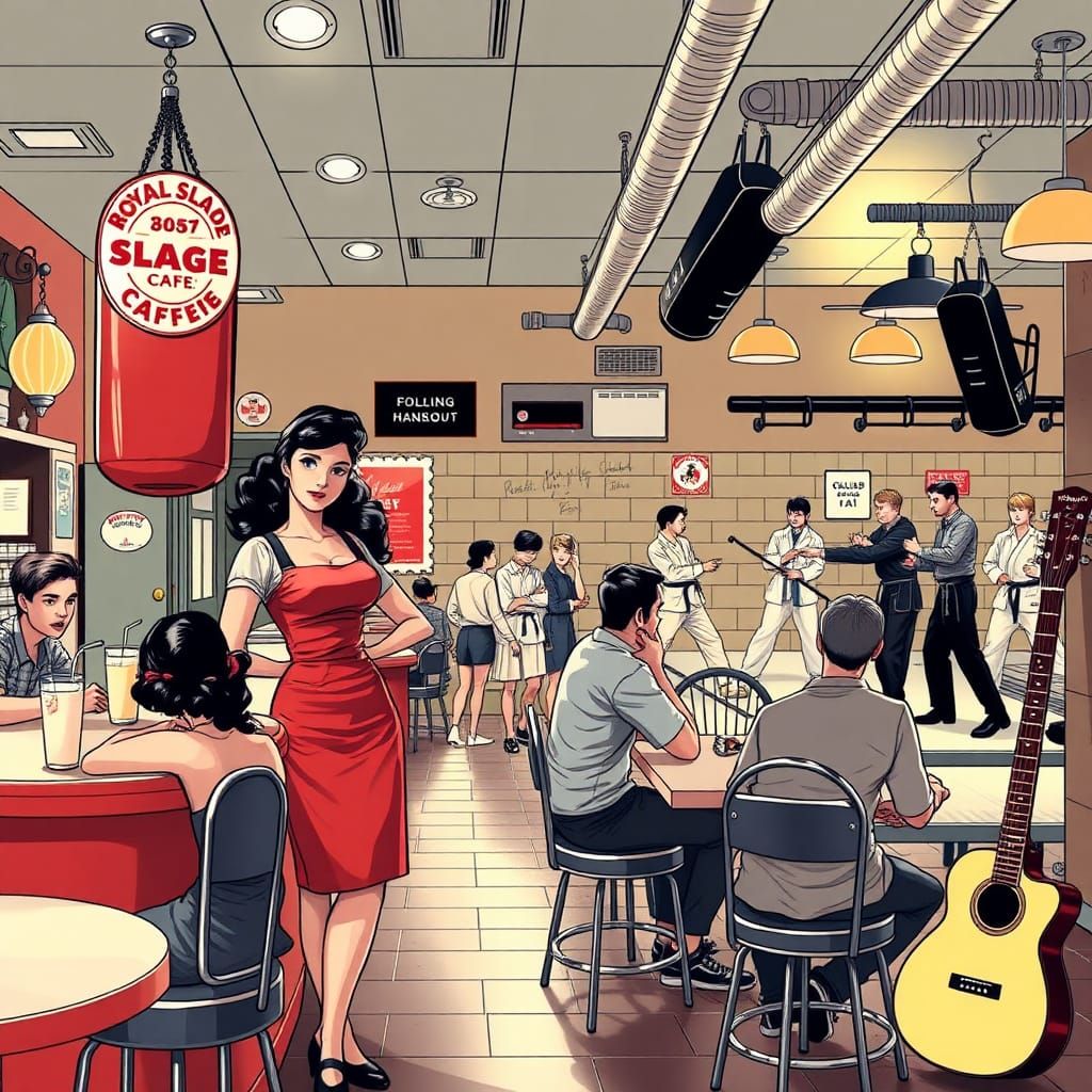 Selena Quintanilla serving in 1958 as a college cafe owner in Royal Slade Cafe with a martial arts gym an dojo with stud...