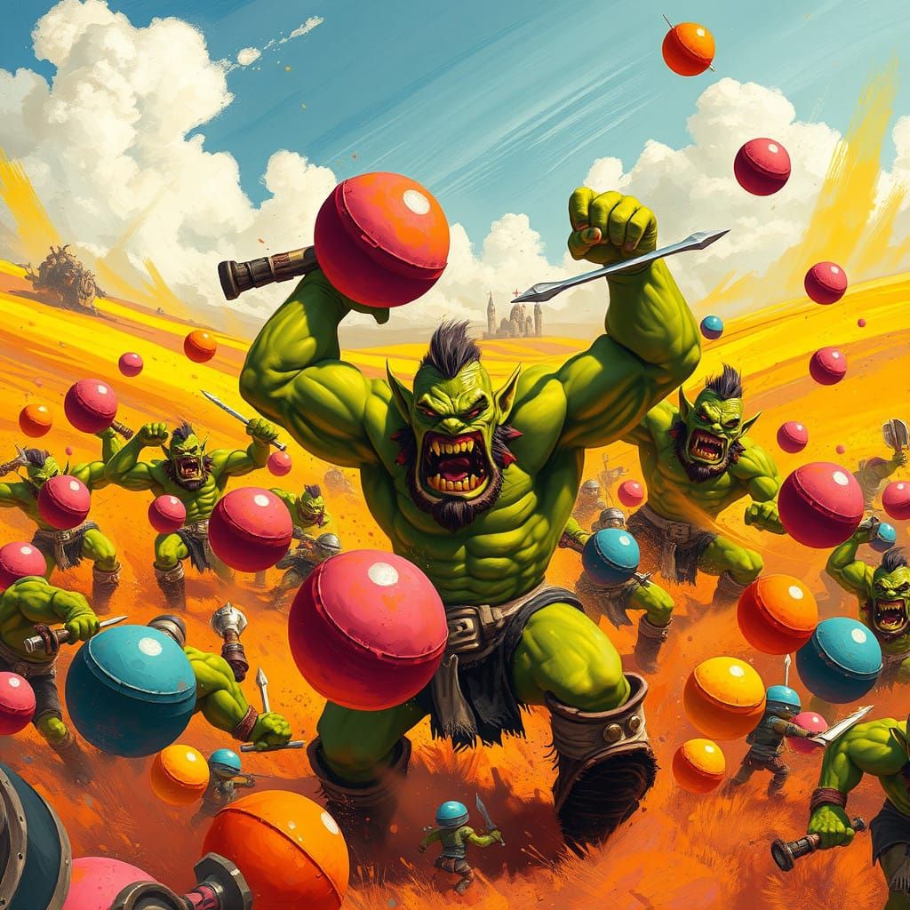 Vibrant Orcs Battle with Colorful Bouncy Balls in Sunny Land...
