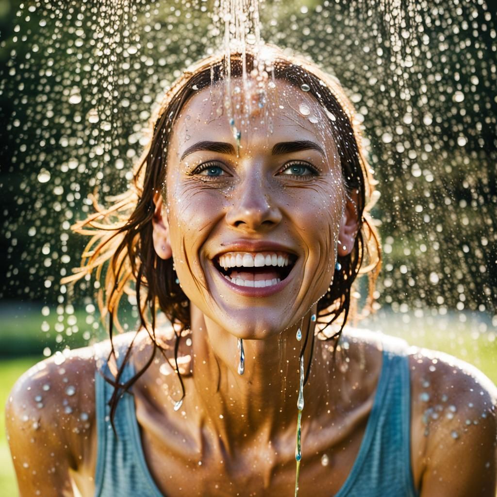 Woman in Sprinkler: Cinematic Summer Portrait