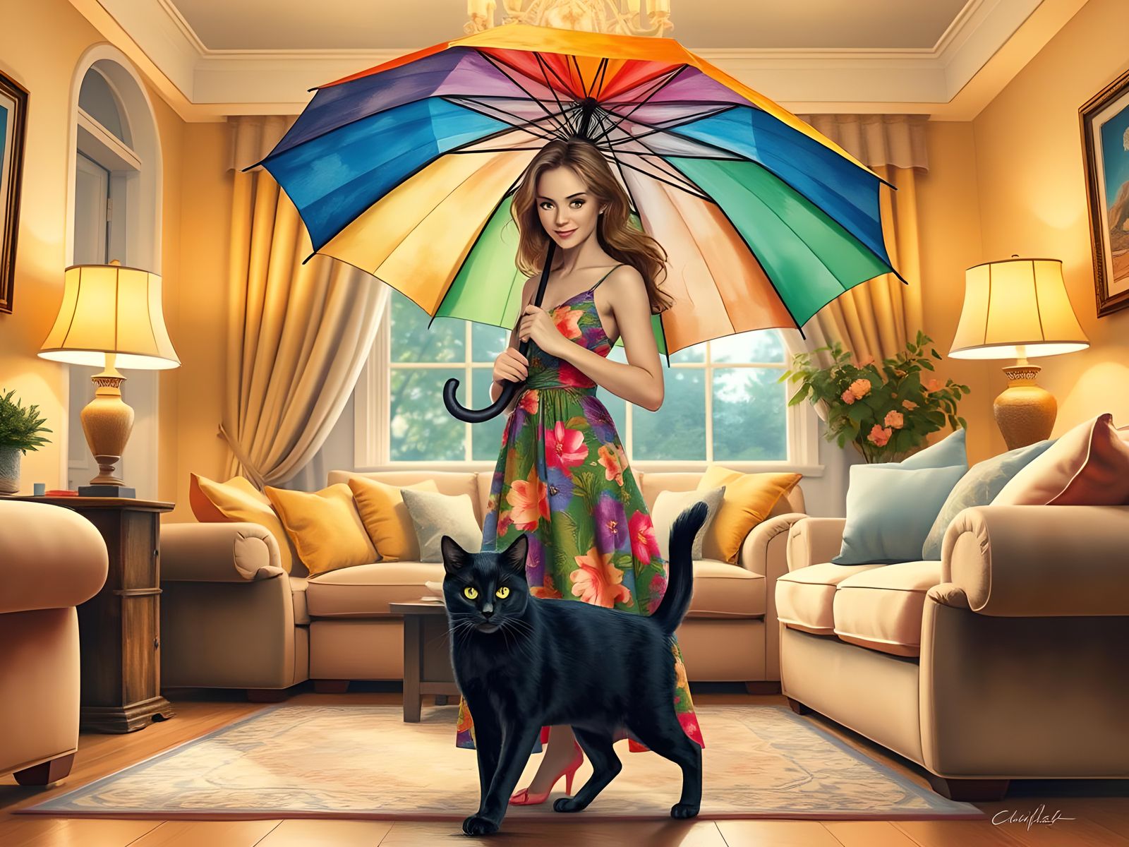 Watercolor: Woman, Cat, and Open Umbrella