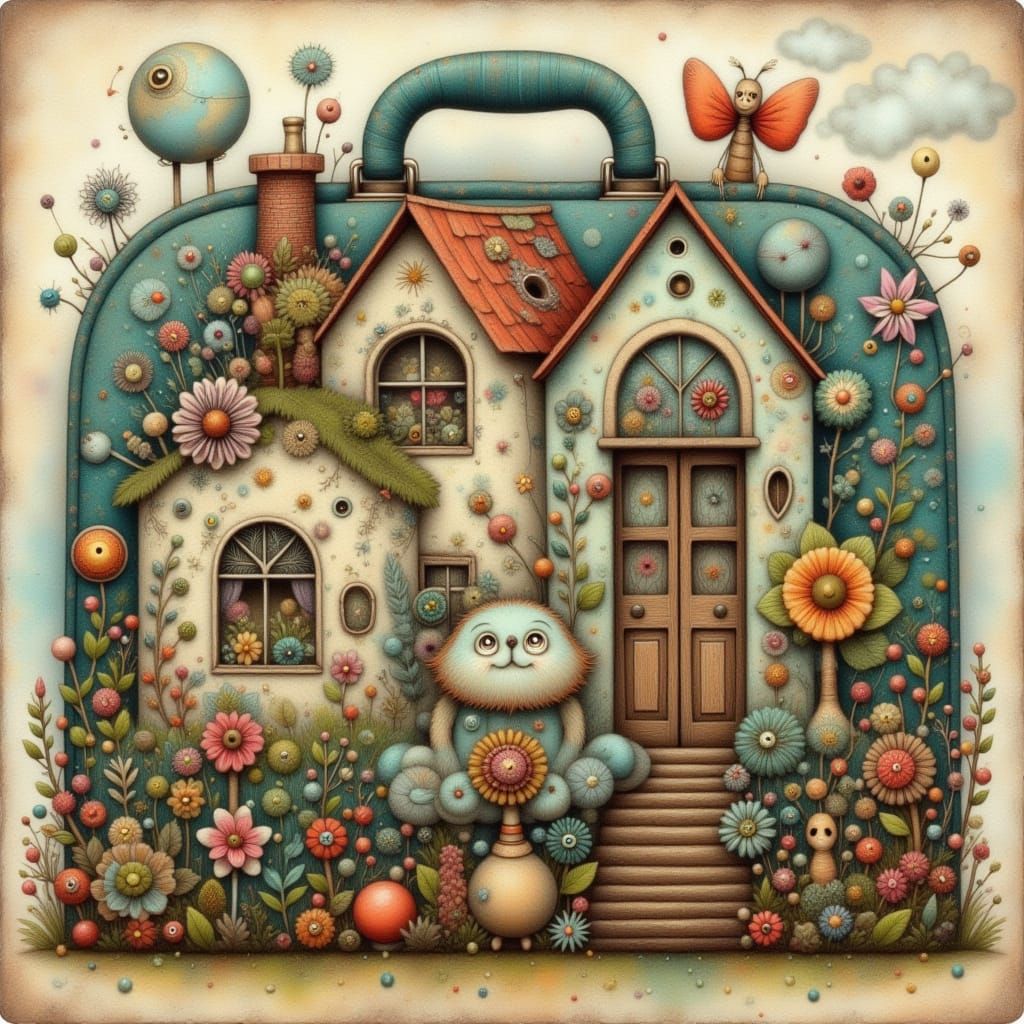 Whimsical House in Vintage Suitcase, Storybook Style