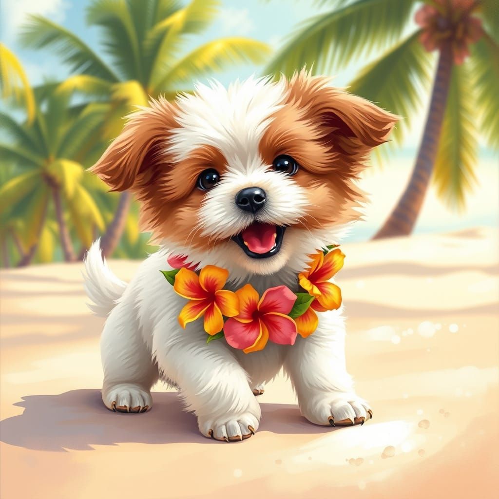 Adorable Baby Dog Wears Hibiscus Garland on Tropical Beach