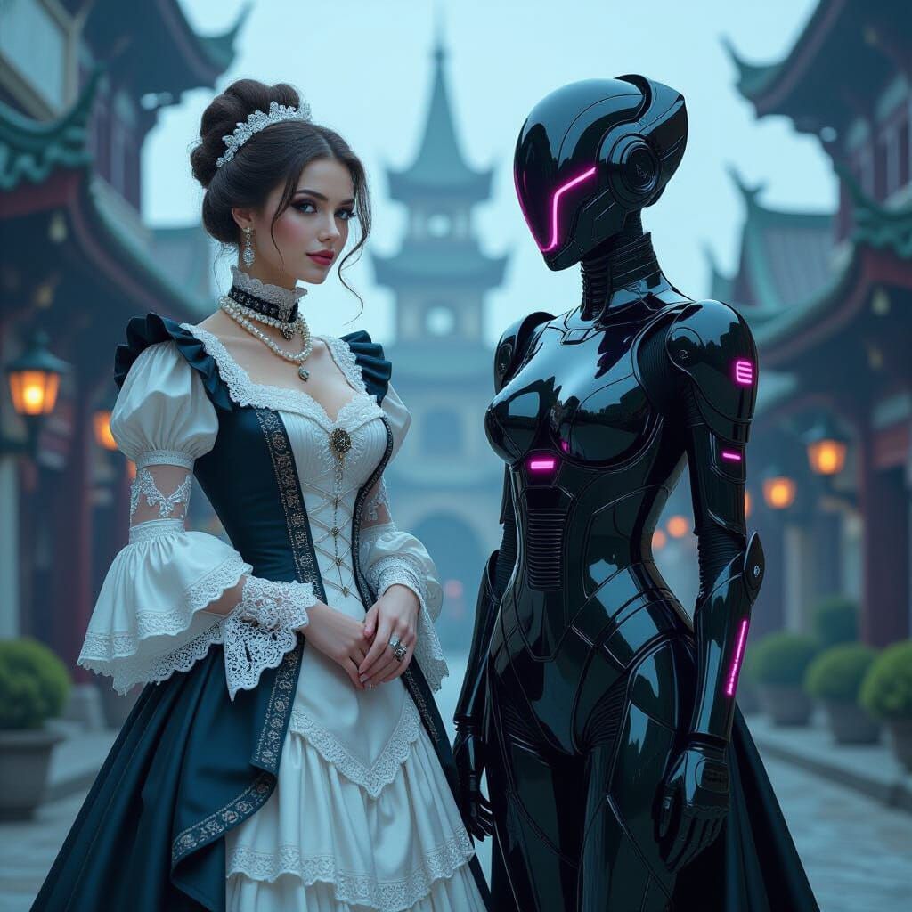 Victorian Lady Meets Futuristic Woman in Sci-Fi Cityscape