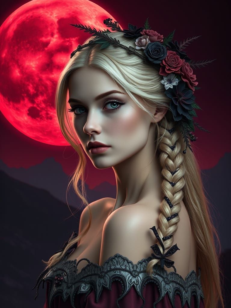Regal Blonde Woman Against Wine-Red Moon in Dark Fantasy Art