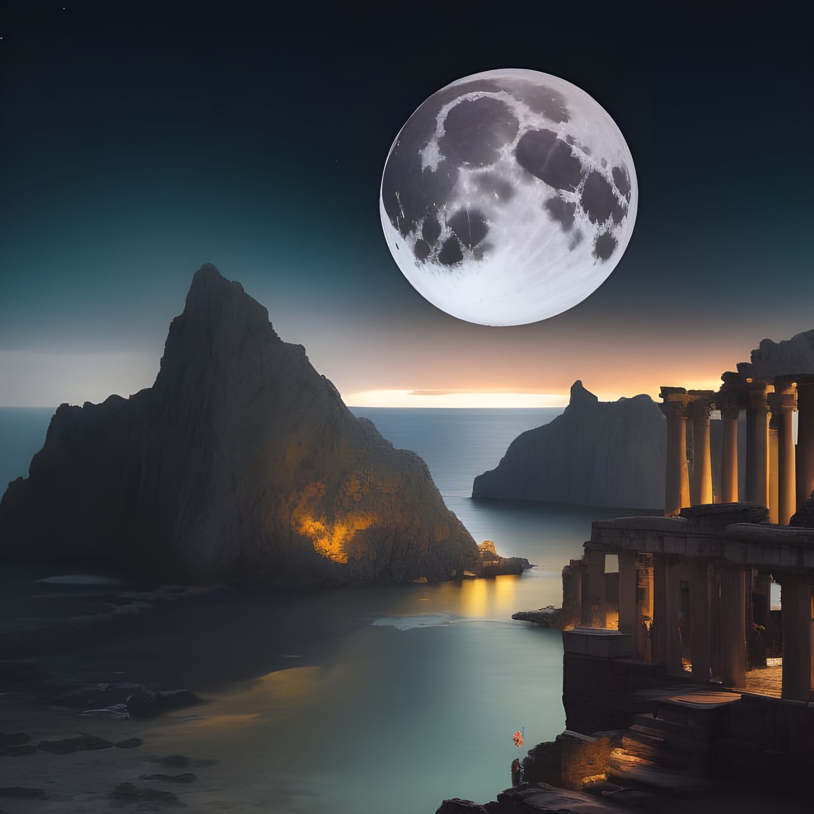 Ruins of Roman Temple Under Moonlight: Fantasy Art