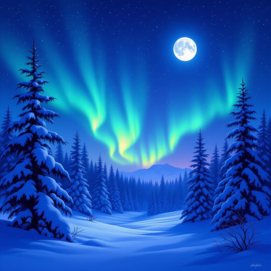 Moonlit Snowy Forest with Aurora Borealis