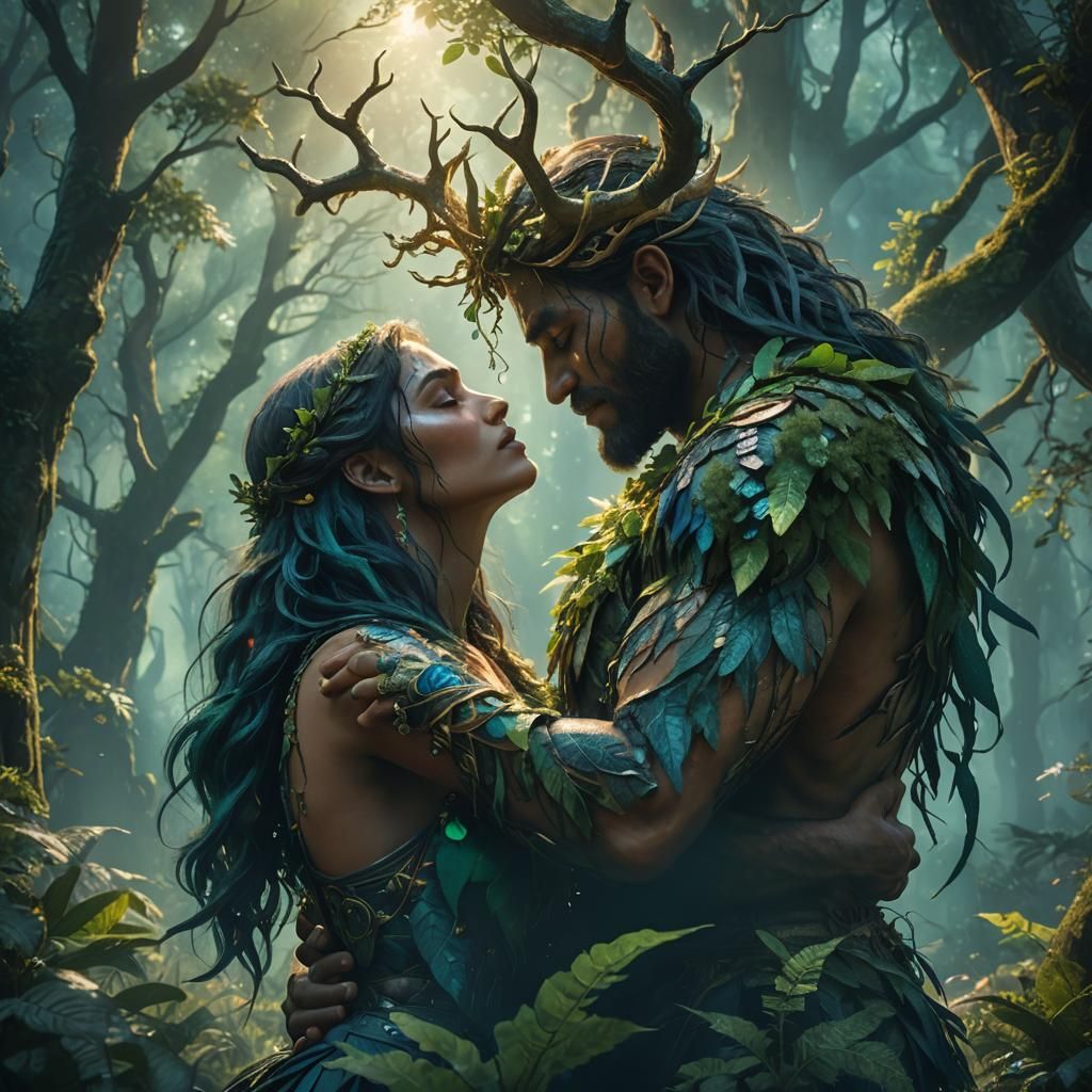 Primal Lovers Embrace in Ancient Forest