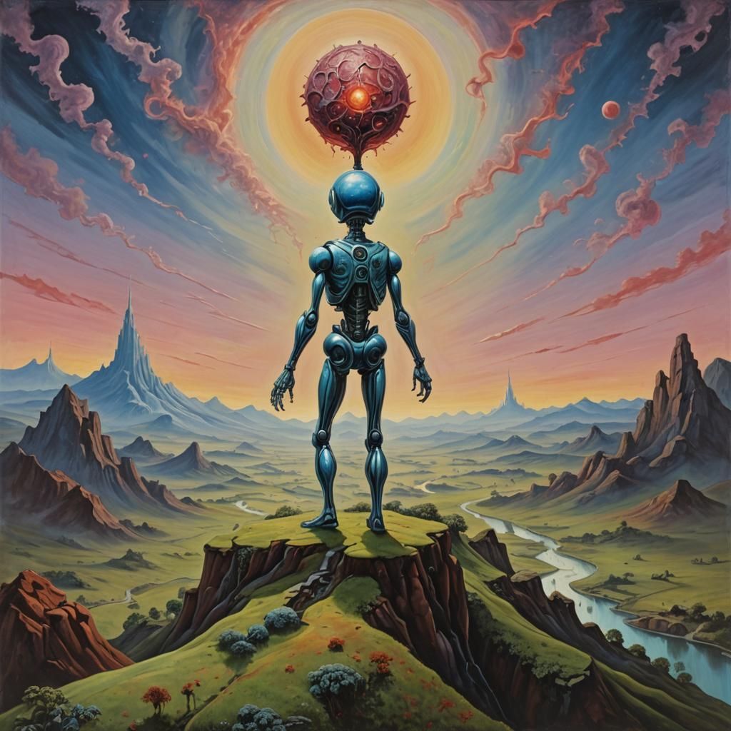 Surreal Abstract Man on Hill, Futuristic Painting