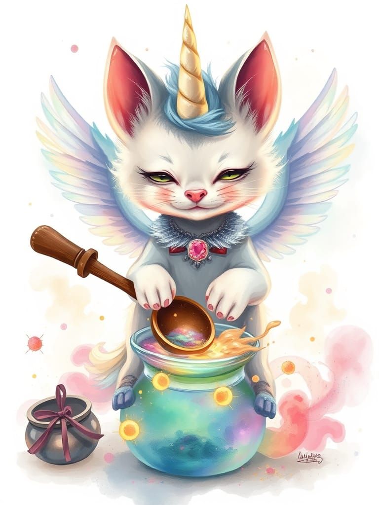 Whimsical Unicorn Kitten Concocting Magic Potion